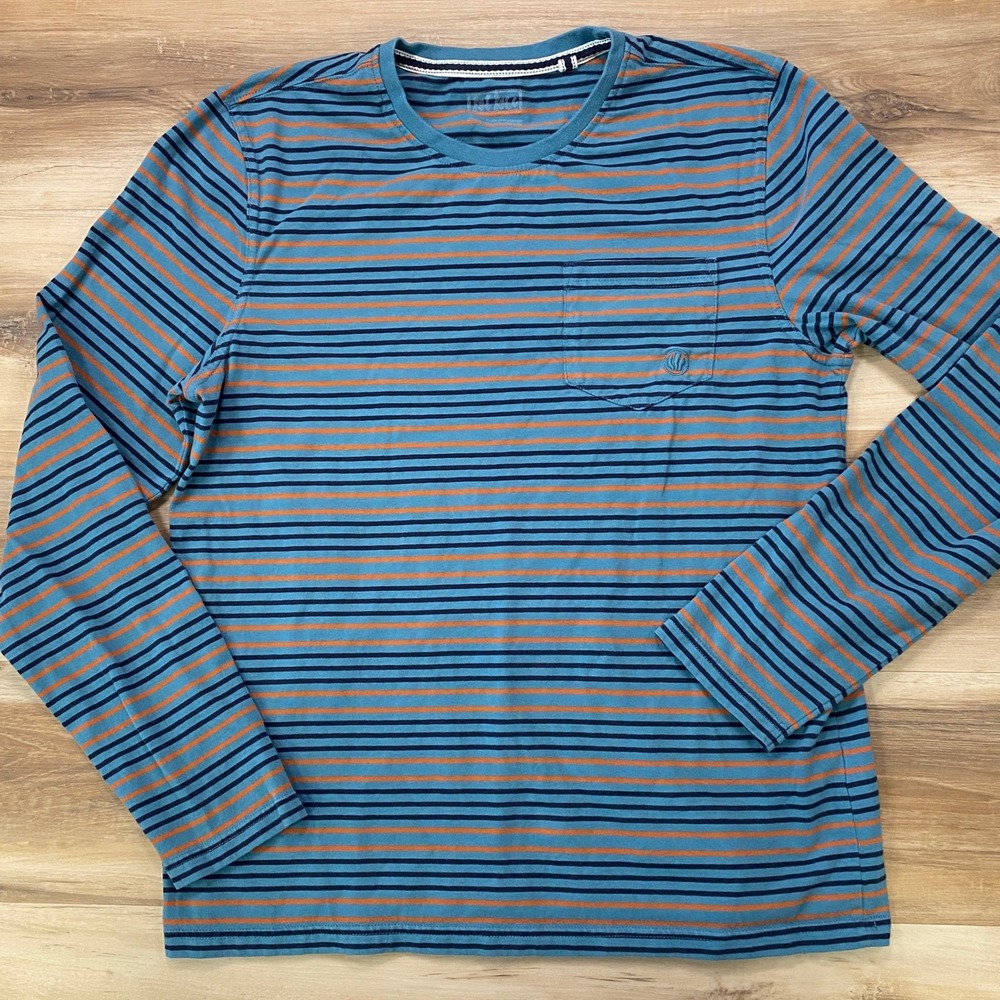 FatFace Long Sleeve T-Shirt Size L Striped Cotton Pocket Crew Neck Blue Orange